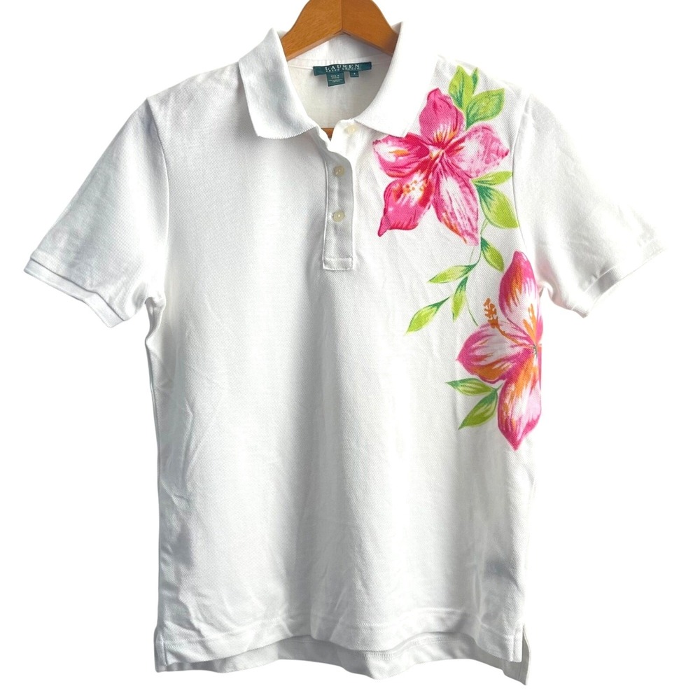 VTG LAUREN Ralph Lauren Women White Collared Polo Pink Green Floral Preppy Small